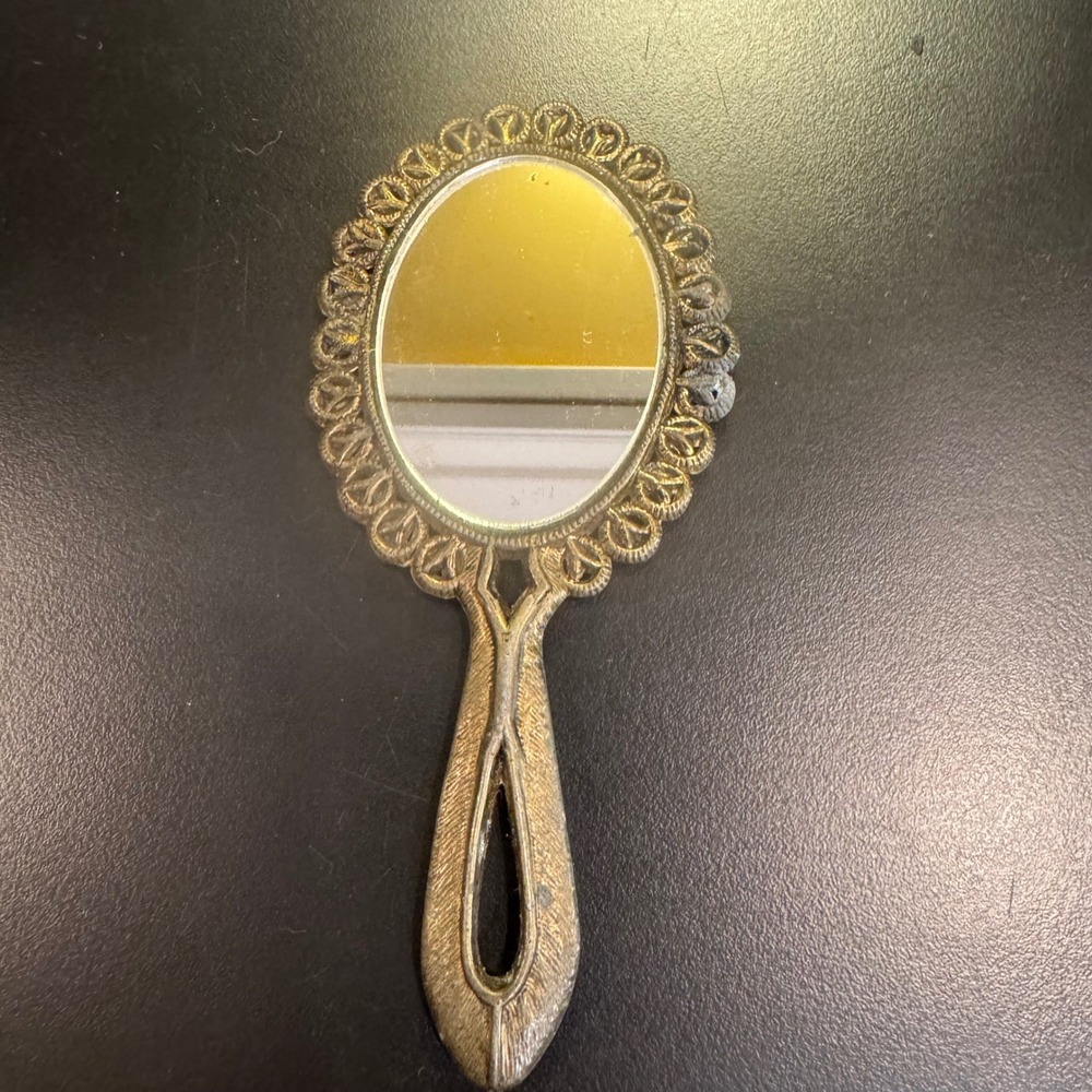 Vintage Filigree Hand Mirror Women Small Gold‎ Tone Ornate Victorian Style 5.75"